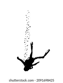 drawing picture of a diver moving down in the water, blowing bubbles, sketch, hand drawn digital vector illustration