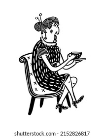 drawing picture of an elderly lady in a vintage chair drinking tea and having a conversation, sketch, hand drawn digital vector illustration