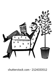 Drawing Picture Of An Elderly Man In A Chair At Home Solving A Crossword Puzzle And Reading A Newspaper, Sketch, Comic Vector Illustration