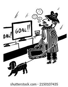 Drawing Picture Of An Elderly Man With A Pipe And A Poodle On A Leash Watching A Football Match On The Street In The Window Of An Electronics Store, During The Championship, Sketch, Hand Drawn Comic C