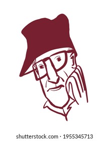 drawing picture elderly man wearing funny hat and glasses, avatar, comic portrait, hand drawn digital vector illustration