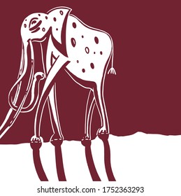 drawing picture elephant on long legs with huge tusks, sketch, hand drawn digital fantasy vector illustration