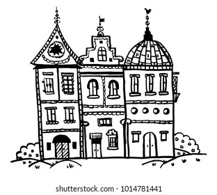 drawing picture fairy-tale houses with unusual roofs, lined with brick, sketch doodle hand-painted vector illustration