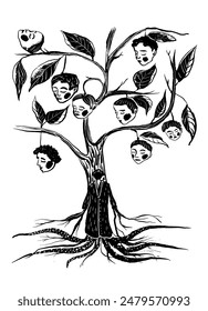 drawing picture of a fantastic heraldic apple tree, sketch, hand drawn digital vector illustration