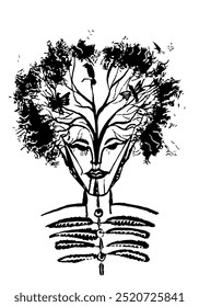 drawing picture fantasy woman - autumn with hair - trees and birds in them, sketch, hand drawn digital vector illustration