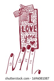 drawing picture female hand takes a box with a gift, tied with a ribbon, sketch, lettering "I love you", hand-drawn sketch digital doodle vector illustration