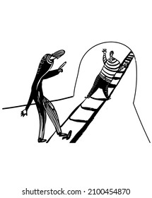 dibujo de una figura de dos hombres, un criminal y un detective con un arma persiguiéndolo, dibujo, ilustración del vector cómico dibujado a mano