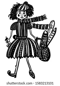 drawing picture French girl in a beret carries baguettes in a bag, sketch hand-drawn digital vector illustration. good for prints, posters and book illustrations