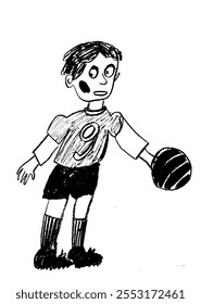 drawing picture funny boy football player, sketch, hand drawn digital vector illustration