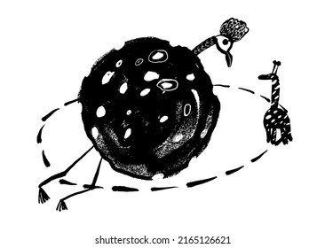 drawing picture of funny characters in space: satellite giraffe revolves around planet ostrich, hand drawn cartoon comic vector illustration