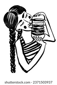 drawing picture of a funny girl with two pigtails eating a huge burger, sketch, hand drawn digital vector illustration