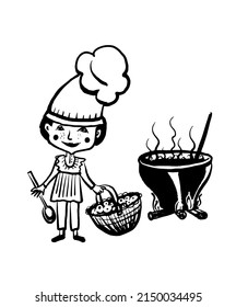 drawing picture of funny little girl cook with ladle and basket of berries, cooking jam outdoors, sketch, hand drawn digital vector illustration