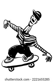 drawing picture of a funny man in a cap and vest riding a skateboard, hand drawn digital comic illustration
