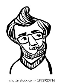 drawing picture funny portrait of man wearing scarf and glasses, sketch, hand drawn comic digital vector illustration