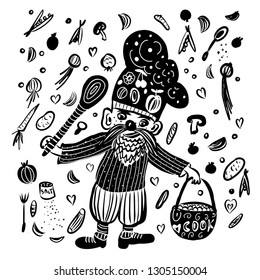drawing a picture of a gnome with a beard and in a chef's cap preparing food under the open sky, and around a set of ingredients, a sketch, a hand-drawn digital vector illustration