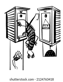 drawing picture of a huge cockroach chooses a toilet cubicle, surreal comic vector illustration