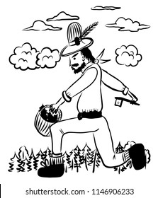 drawing picture huge lumberjack man with a small hatchet and a basket in his hand, goes among clouds and forest, to work, cut wood, sketch, hand-drawn comic digital vector illustration