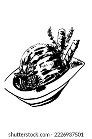 drawing picture ice cream with mint, raspberries and waffles, sketch, hand drawn digital vector illustration