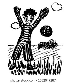 drawing picture isolate, a boy in large mittens and a striped T-shirt in the spring in the spring playing football, a sketch, a hand-drawn coal cartoon graphic illustration