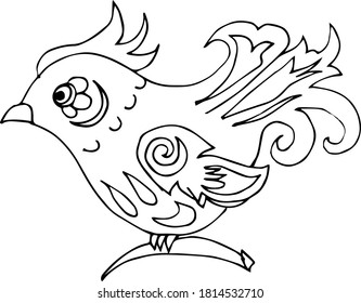 drawing picture isolate, decorative rooster in folk ethnic style, pattern, sketch, hand drawn