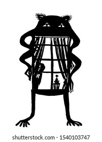 drawing picture isolate, monster house, with a mouth in the form of a window, and a locked man in it, sketch hand drawn comic fantasy cartoon vector illustration