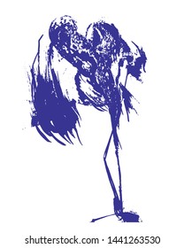 drawing, picture, isolated, element, abstract silhouette of blue crane, ink, hand drawn vector illustration