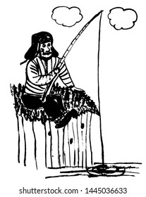 drawing picture isolated, man in winter hat with earflaps fishing on a steep bank of the river, sketch, hand-drawn comic vector illustration
