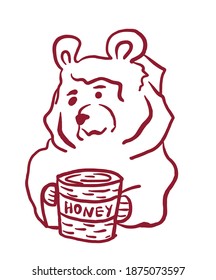 drawing picture linear image of a bear holding a barrel of honey, cartoon sketch hand drawn digital vector illustration