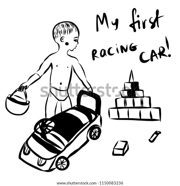 drawing picture little boy with a protective\
helmet in his hands sits down in a toy racing car in his children\'s\
playroom on the carpet, sketch, graphic digital comic cartoon\
vector illustration