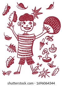 drawing picture of a little boy in a striped T-shirt jumping among the leaves in the forest with a basket and mushrooms, sketch hand-drawn digital cartoon vector illustration