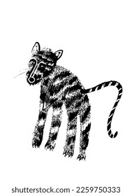 drawing picture of little tiger black isolated on white background, sketch, hand drawn digital vector illustration