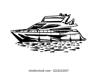 drawing picture lovely white luxury yacht boat on waves, sketch, hand drawn digital vector illustration