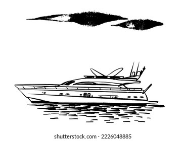 drawing picture lovely white luxury yacht boat on waves, sketch, hand drawn digital vector illustration