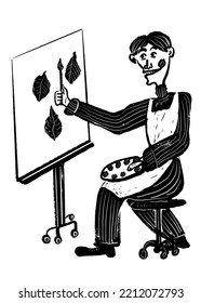 Drawing Picture Of A Male Artist In A Striped Suit And Apron, Draws A Picture With Leaves On Canvas, Sketch, Hand Drawn Digital Comic Vector Illustration