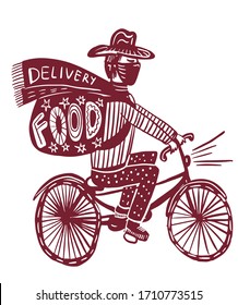 drawing picture male modern superhero doing safe food delivery, during coronavirus pandemic, sketch, hand-drawn digital vector illustration, good for advertising and articles