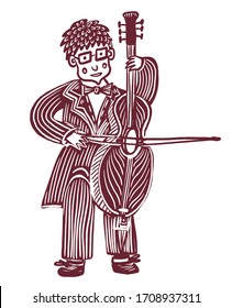 dibujo de músico callejero masculino con gafas y traje, tocando el violoncelo, dibujo a mano del doodle cartoon cómico vectorial ilustración digital. buena para impresiones y artículos ilustrativos