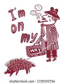 dibujo imagen de un hombre con un sombrero y una pipa caminando por la calle mascota pequeño erizo sobre una correa, esbozo, ilustración cómica dibujada a mano
