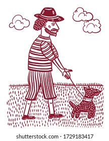 drawing picture a man in a hat walking a dog on the street, sketch, hand-drawn cartoon comic digital vector illustration