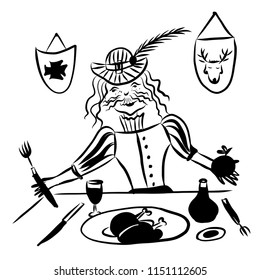 drawing a picture of a man in a medieval castle with coats of arms on an old-fashioned suit and hat, eating game equipment, a sketch of a vintage comic digital illustration