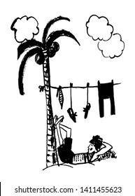 drawing a picture of a man on vacation under a palm tree, without a business suit, a sketch, hand-drawn ink graphic cartoon comic illustration