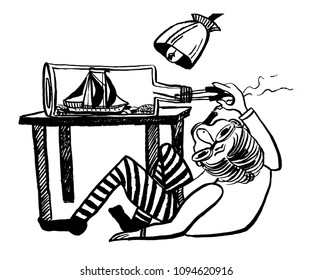 drawing picture master with a cigarette in the teeth sets the last detail in the boat in the bottle, sketch, hand-drawn comic vector illustration