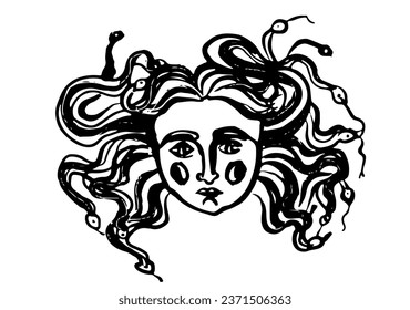 drawing picture of a medallion talisman gorgoneion in the form of the head of a gorgorn Medusa with snake hair, sketch, hand drawn digital vector illustration