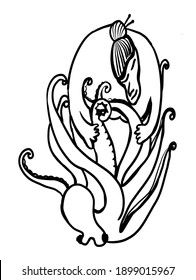 drawing picture old japanese grandmother knits an octopus with her hands, sketch, hand drawn comic cartoon vector illustration