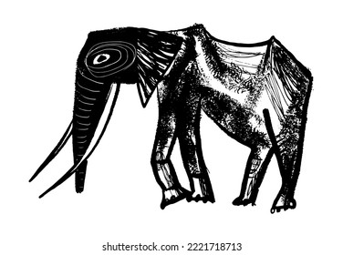 drawing picture old lone kenyan elephant with long tusks, sketch, hand drawn stylized vector digital illustration