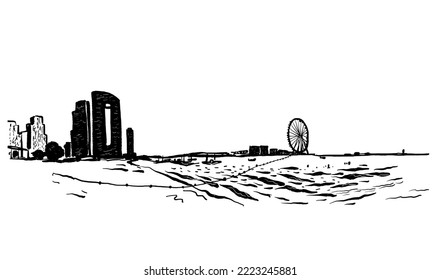 drawing picture of a panoramic view of the Dubai Marina beach, a huge ferris wheel, the Persian Gulf, and buildings on the shore, sketch, hand drawn digital vector illustration