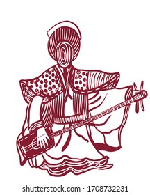 drawing picture patterned silhouette of a beautiful young geisha woman, in a traditional Japanese costume and kimono with a classic hairstyle, and musical instrument, sketch, hand-drawn digital cartoo