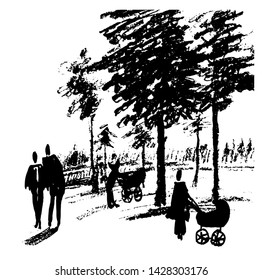 drawing picture of people walking in a pine park, among trees, with strollers and children, sketch, hand-drawn with coal vector illustration