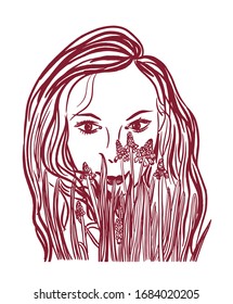 drawing picture portrait of a beautiful girl with her hair among spring primroses, sketch, hand-drawn digital vector illustration