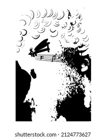 drawing picture portrait of mozart playing the piano, from ink blots, sketch, hand drawn ink fantasy surreal vector illustration