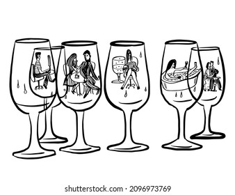 drawing picture set collection, different characters in a cafe at tables, sitting inside transparent glasses, sketch, hand drawn digital conceptual comic illustration